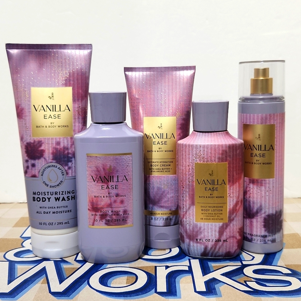 Bath & Body Works Vanilla Ease Body Wash Cream Lotion Mist 5pc Set